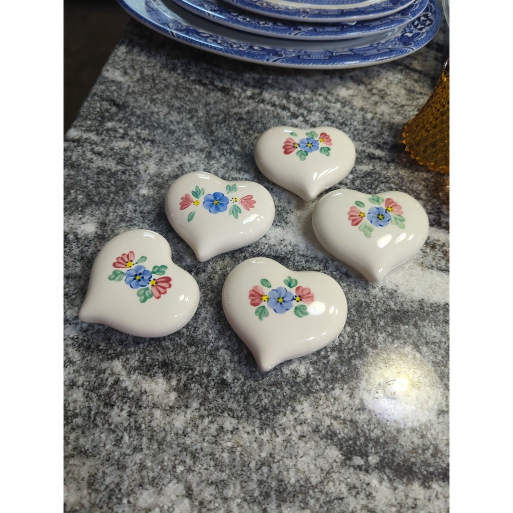 5 Vintage Lasting Products Decorative Puffy  Ceramic Hearts Floral Cottage Core
